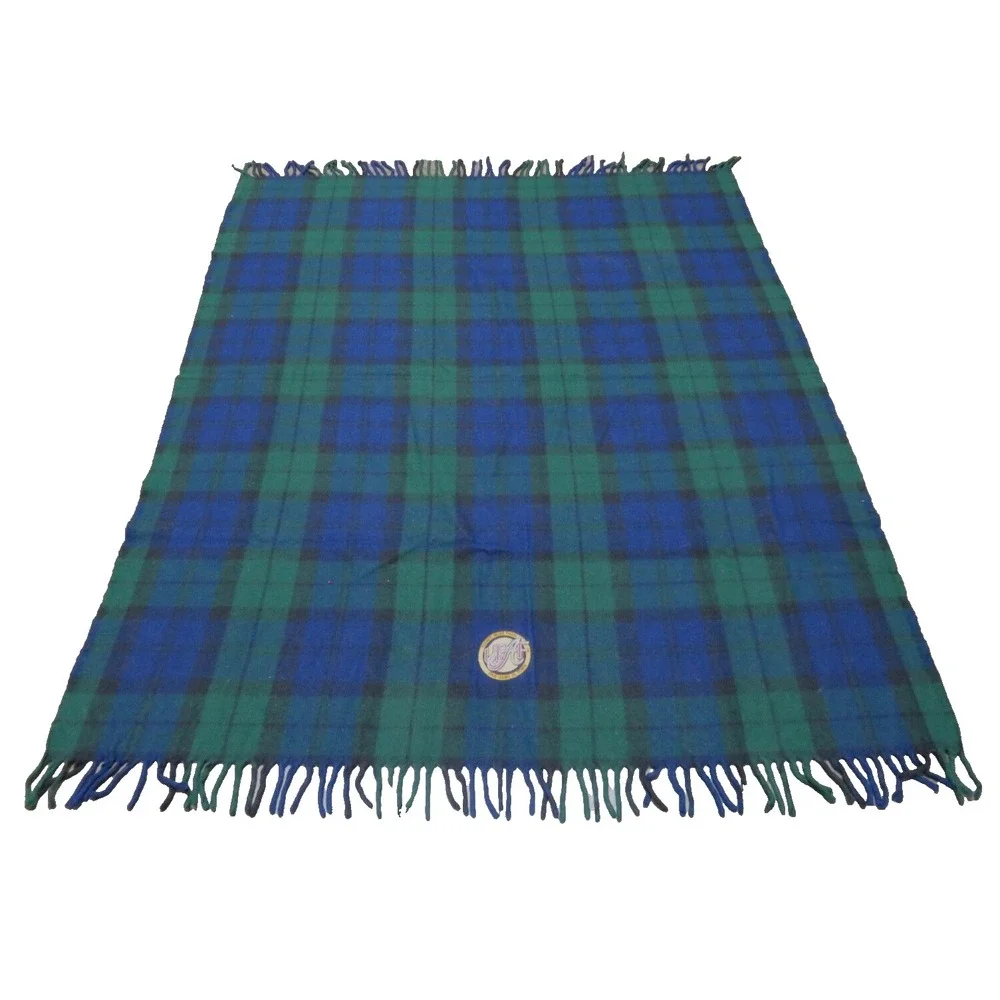 Lands' End Plaid Stadium Blanket Navy and Green Acrylic Tartan w/Fringe 67x54